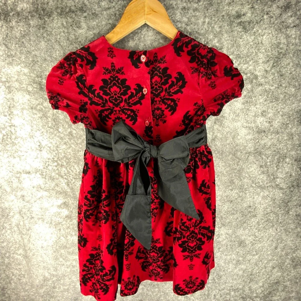 Hartstrings Dress Girls 6 Red Black Velvet Palampore Floral Ribbon Cotton Party